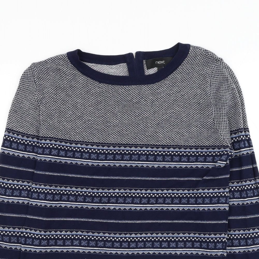 NEXT Womens Blue Round Neck Geometric Cotton Pullover Jumper Size 8