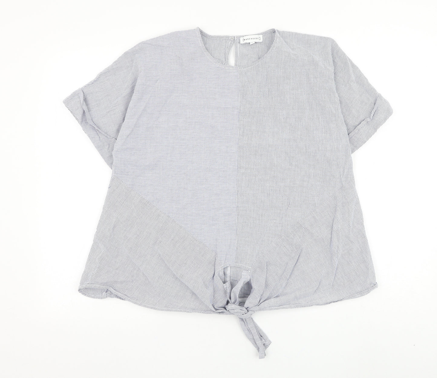 Warehouse Womens Blue Striped Cotton Basic Blouse Size 14 Round Neck - Knot Front