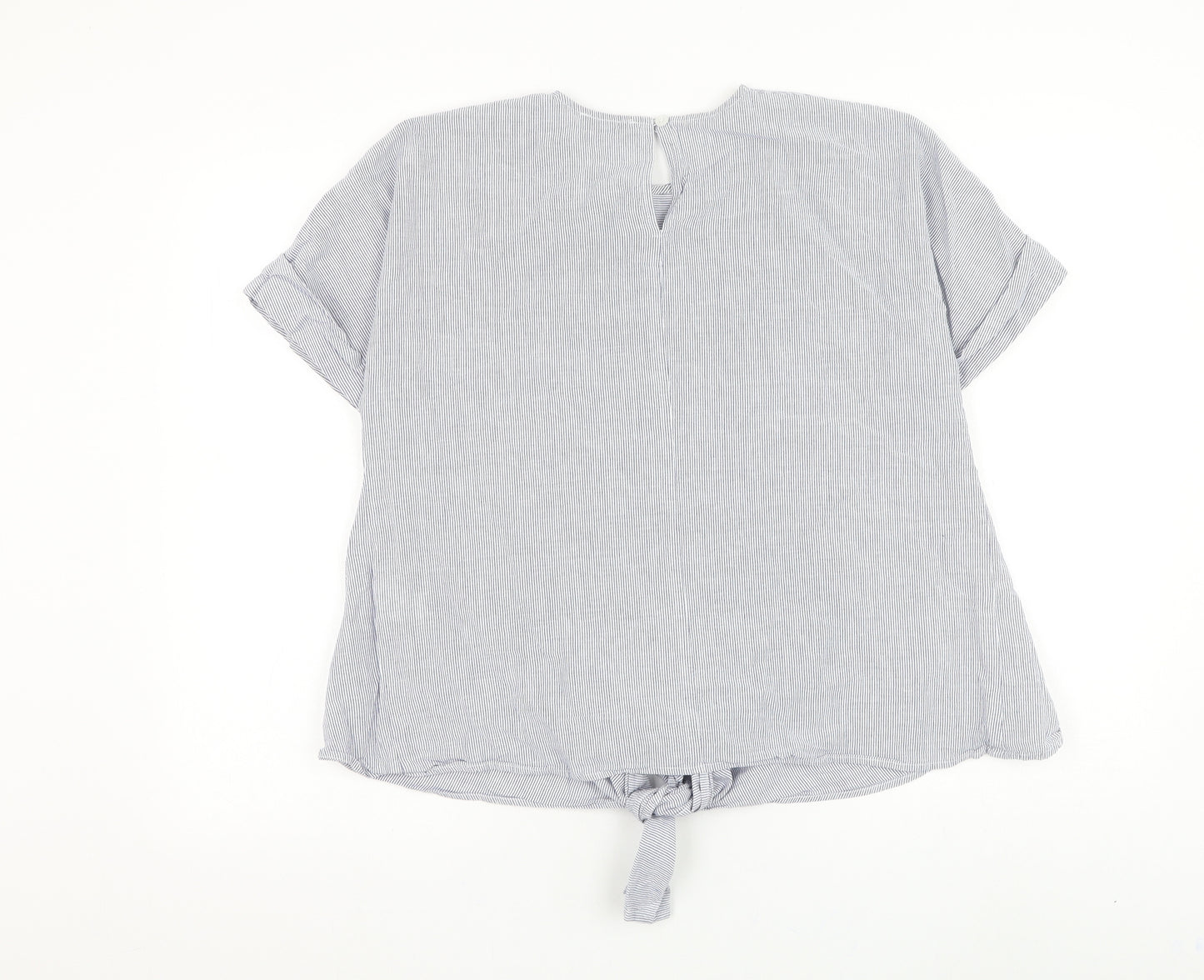 Warehouse Womens Blue Striped Cotton Basic Blouse Size 14 Round Neck - Knot Front