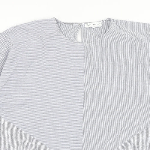 Warehouse Womens Blue Striped Cotton Basic Blouse Size 14 Round Neck - Knot Front