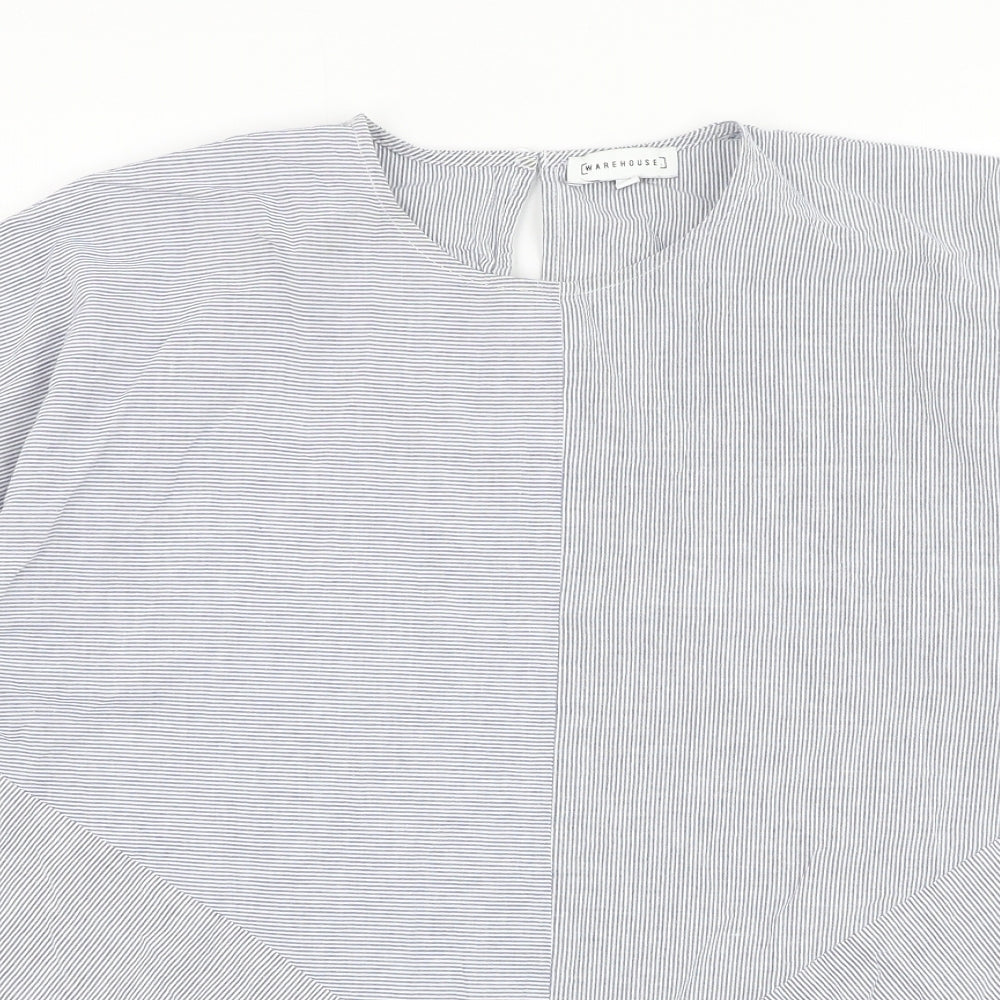 Warehouse Womens Blue Striped Cotton Basic Blouse Size 14 Round Neck - Knot Front