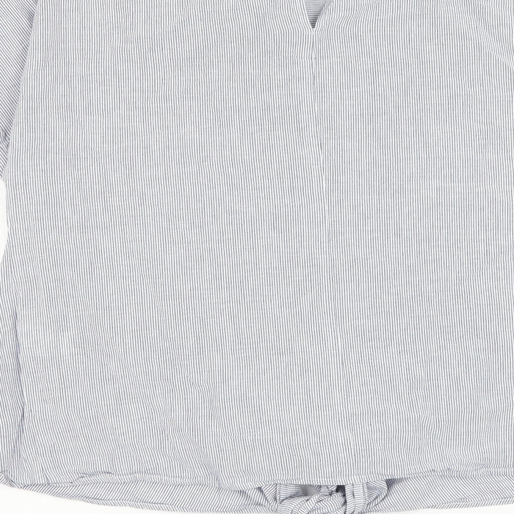 Warehouse Womens Blue Striped Cotton Basic Blouse Size 14 Round Neck - Knot Front