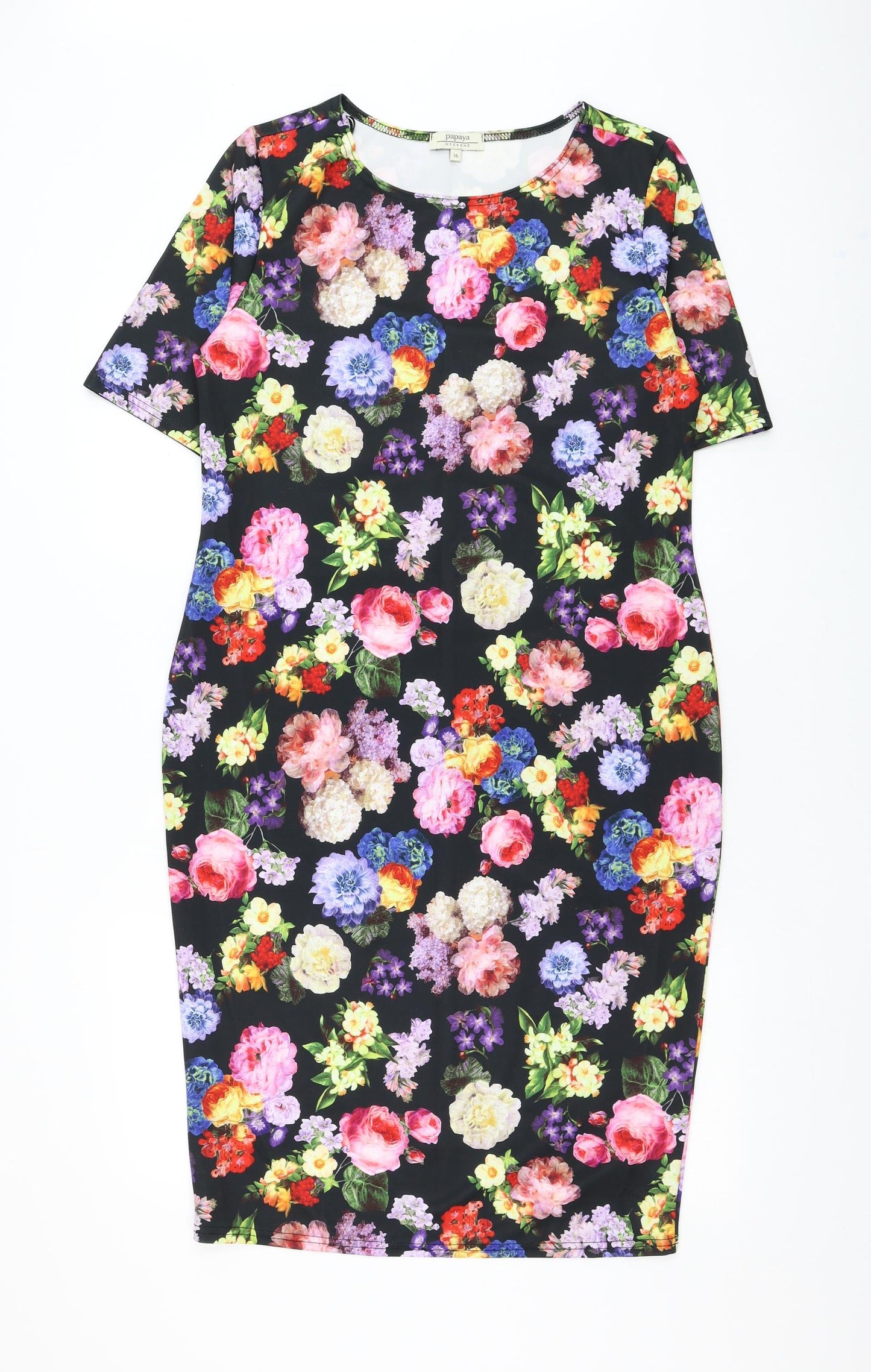 Papaya Womens Black Floral Polyester Bodycon Size 16 Round Neck Pullover