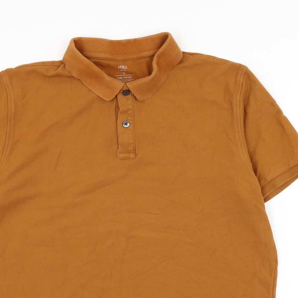 Marks and Spencer Mens Brown Cotton Polo Size L Collared Button