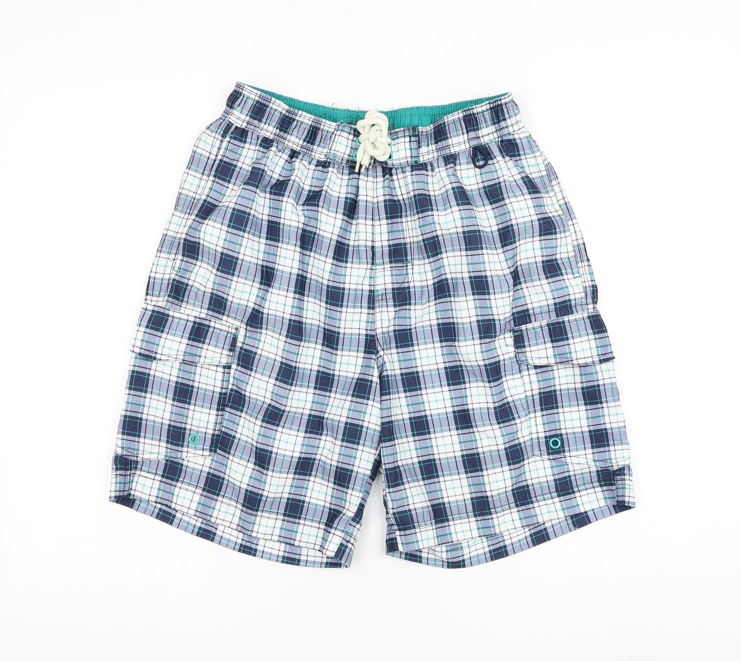 F&F Mens Blue Plaid Polyester Sweat Shorts Size S L7 in Regular Drawstring - Swim Trunks