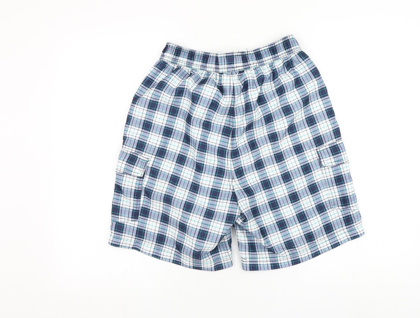 F&F Mens Blue Plaid Polyester Sweat Shorts Size S L7 in Regular Drawstring - Swim Trunks