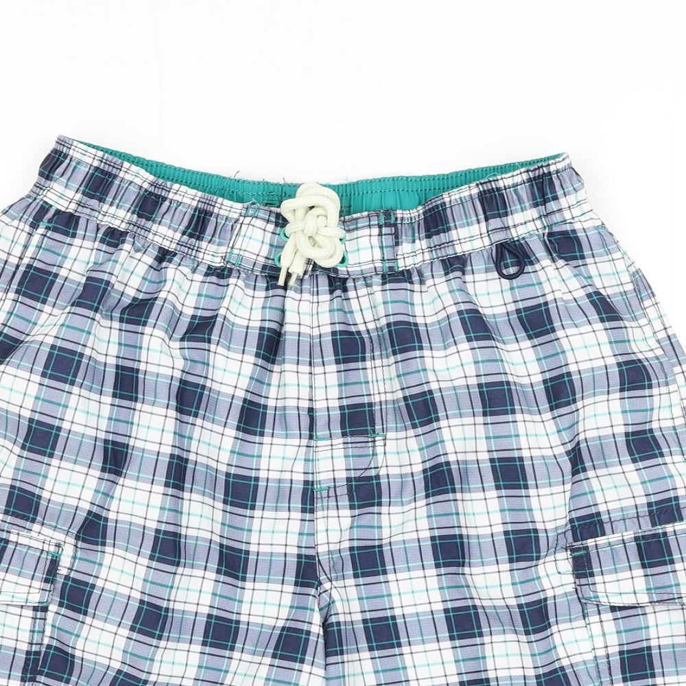 F&F Mens Blue Plaid Polyester Sweat Shorts Size S L7 in Regular Drawstring - Swim Trunks