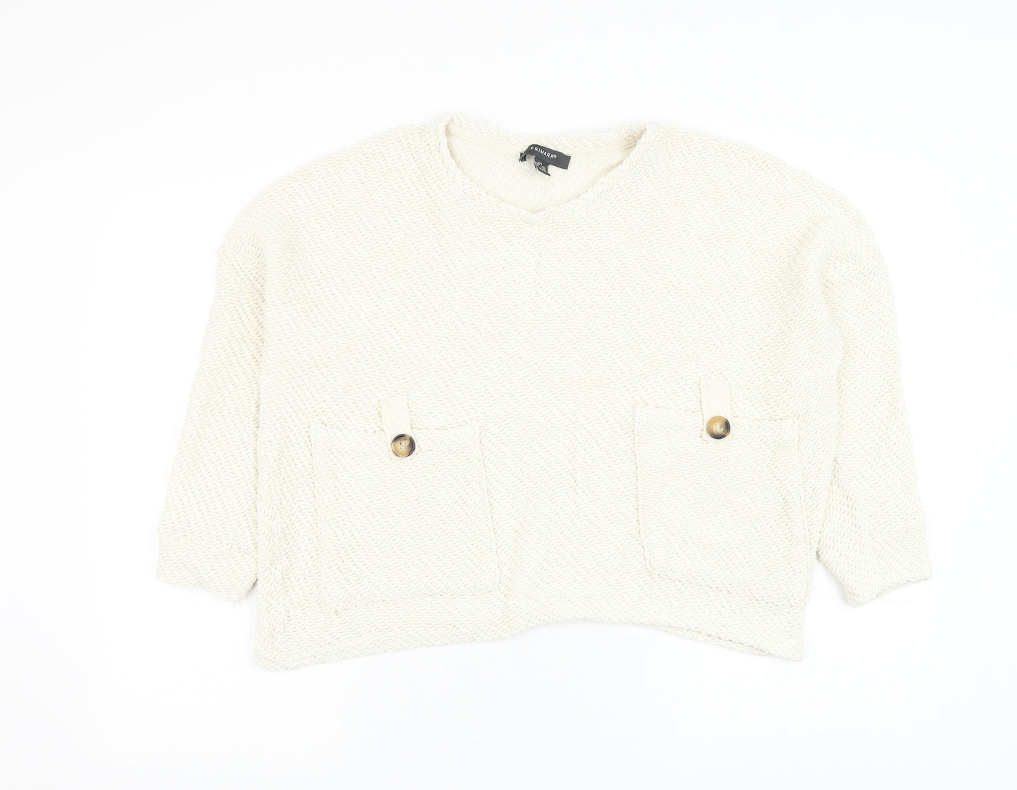 Primark Womens White Round Neck Cotton Pullover Jumper Size 4