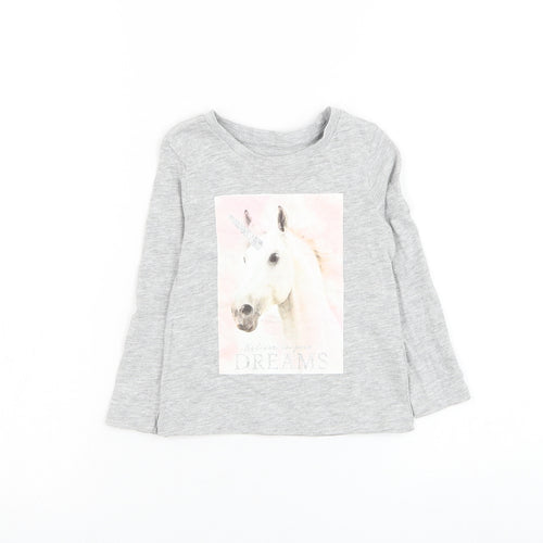 Dunnes Stores Girls Grey Cotton Basic T-Shirt Size 2-3 Years Round Neck Pullover - Unicorn