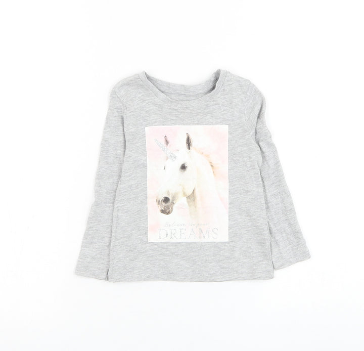 Dunnes Stores Girls Grey Cotton Basic T-Shirt Size 2-3 Years Round Neck Pullover - Unicorn