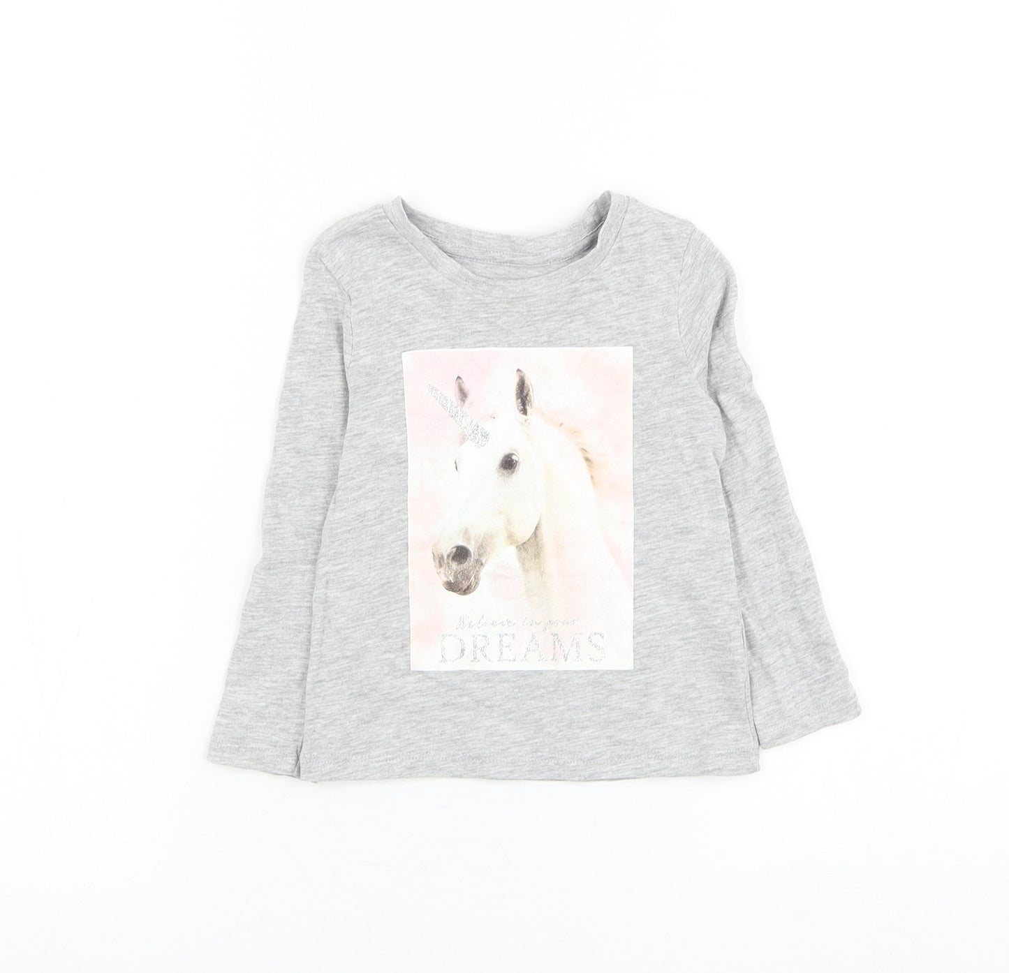 Dunnes Stores Girls Grey Cotton Basic T-Shirt Size 2-3 Years Round Neck Pullover - Unicorn