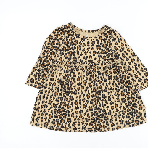 Gap Girls Brown Animal Print Cotton Skater Dress Size 2 Years Round Neck Pullover