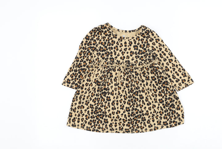 Gap Girls Brown Animal Print Cotton Skater Dress Size 2 Years Round Neck Pullover