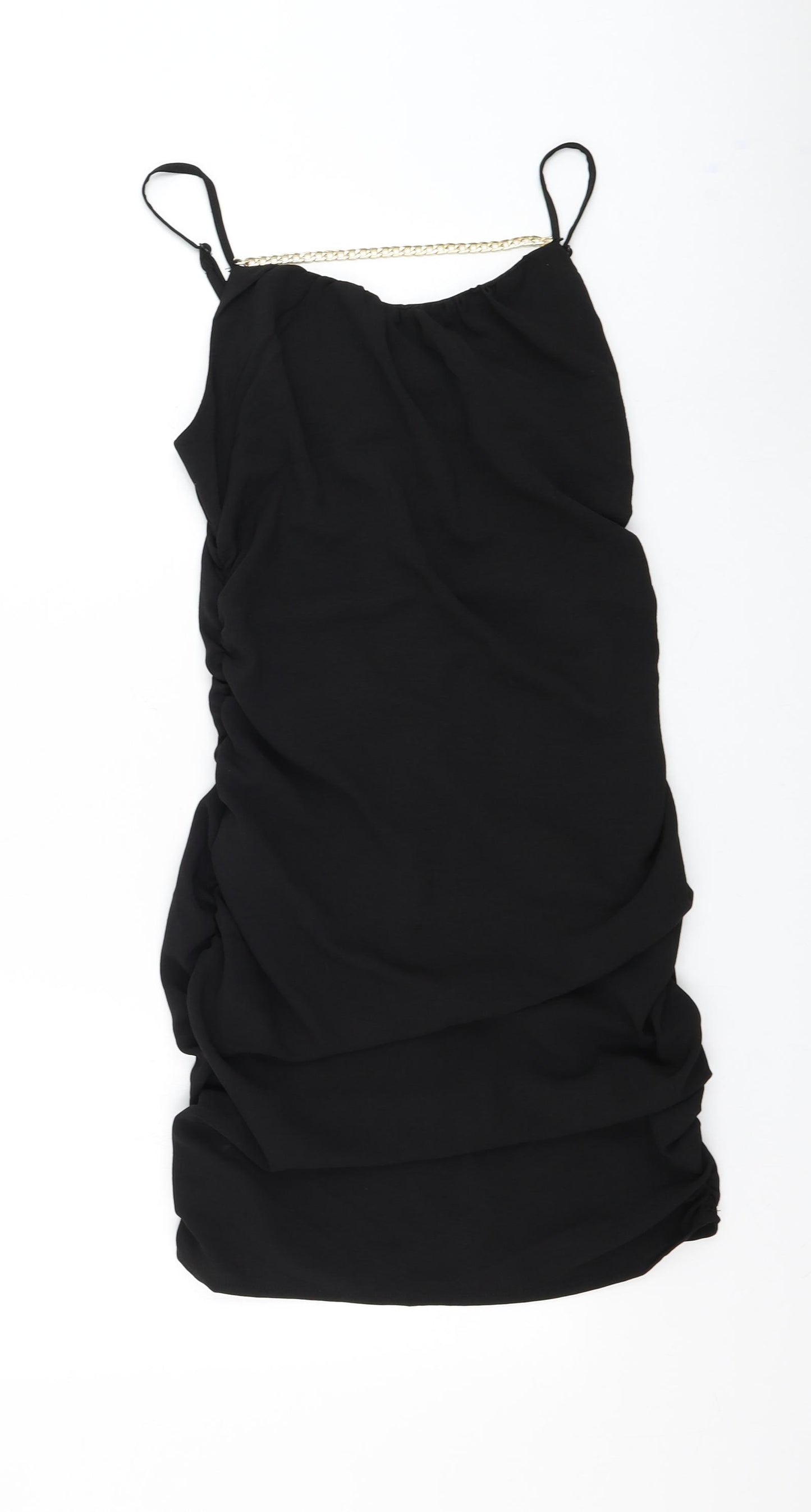 NaaNaa Womens Black Polyester Mini Size 12 Round Neck Pullover - Chain Detail Ruched Sides