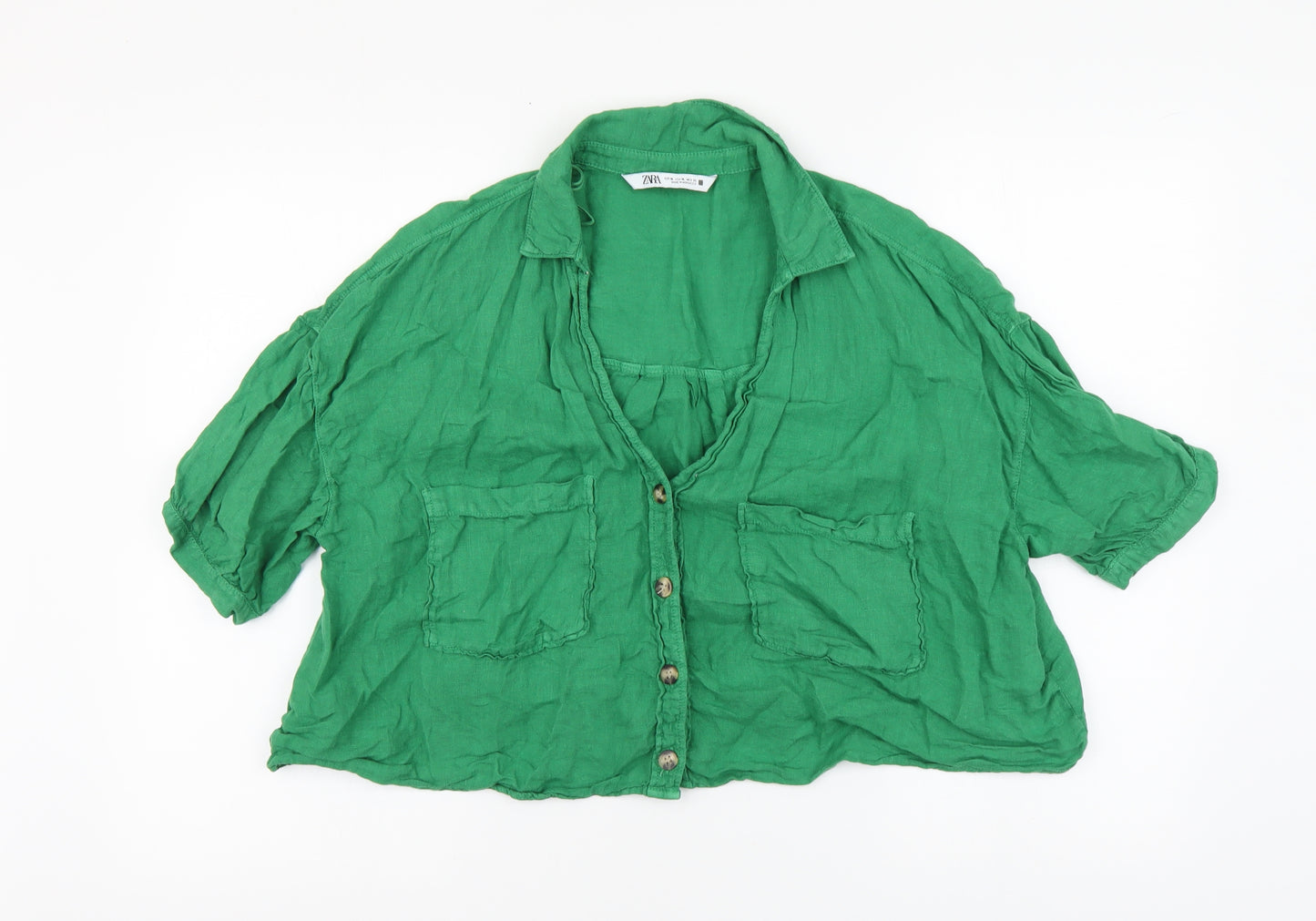 Zara Womens Green Linen Cropped Button-Up Size XL V-Neck