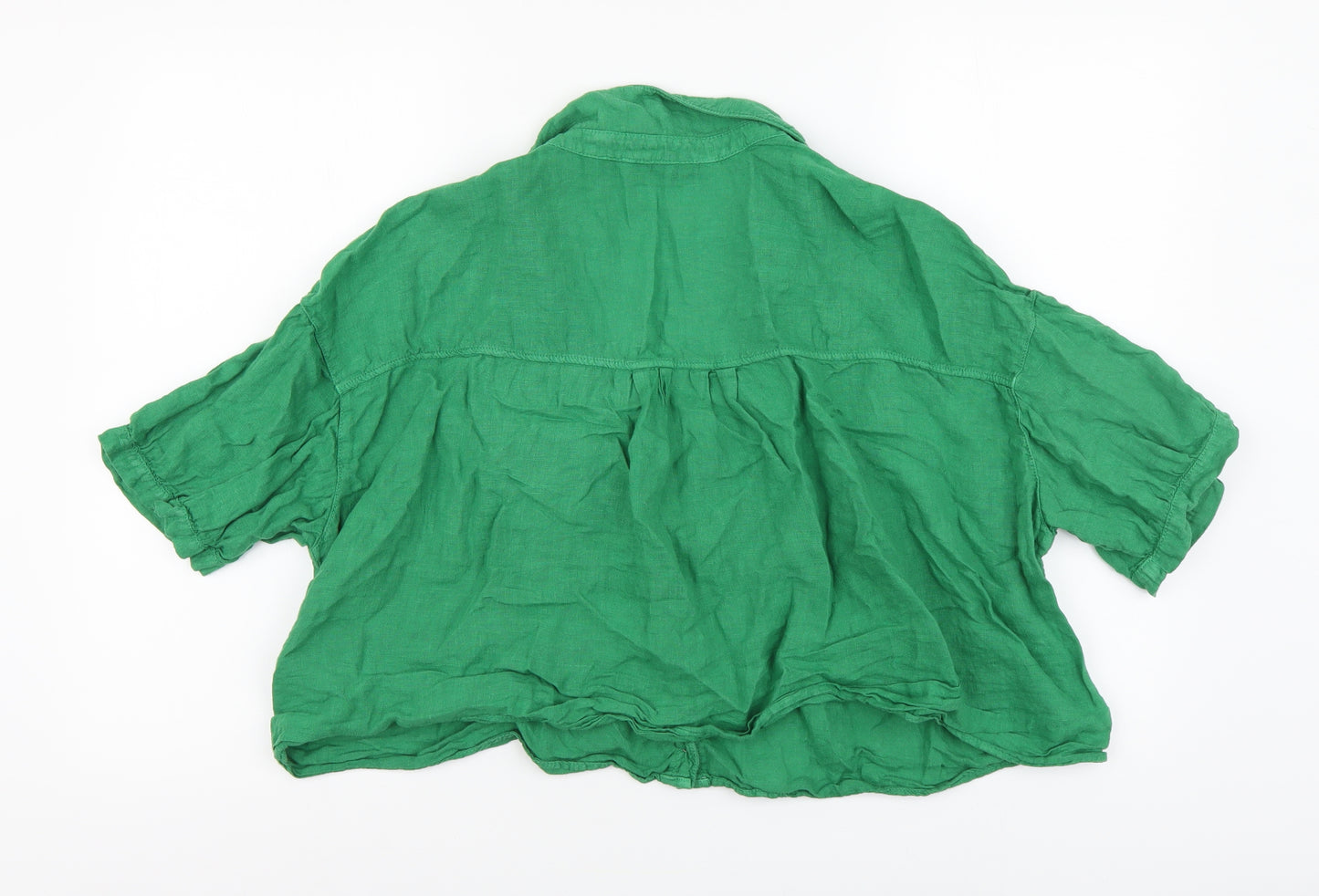 Zara Womens Green Linen Cropped Button-Up Size XL V-Neck