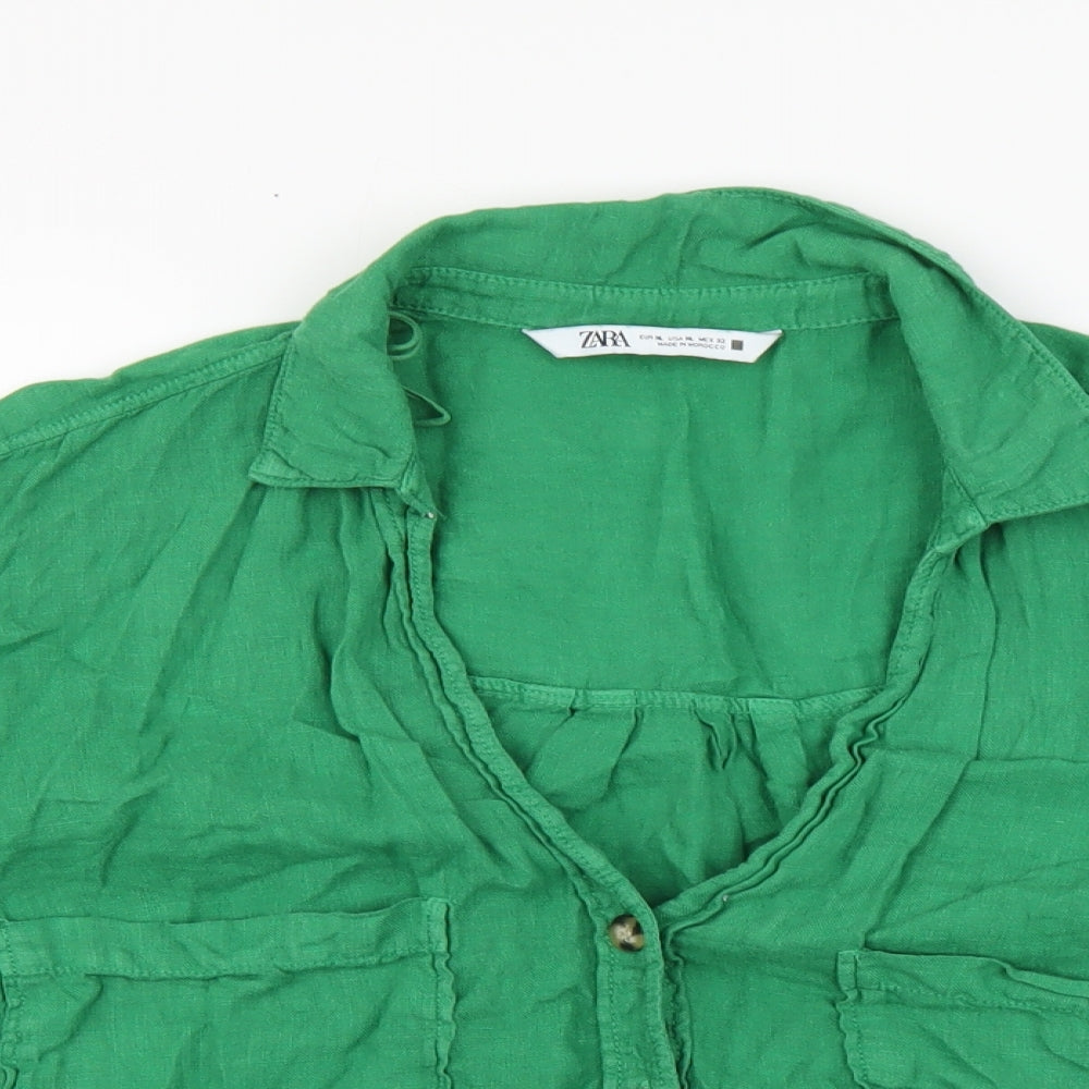Zara Womens Green Linen Cropped Button-Up Size XL V-Neck