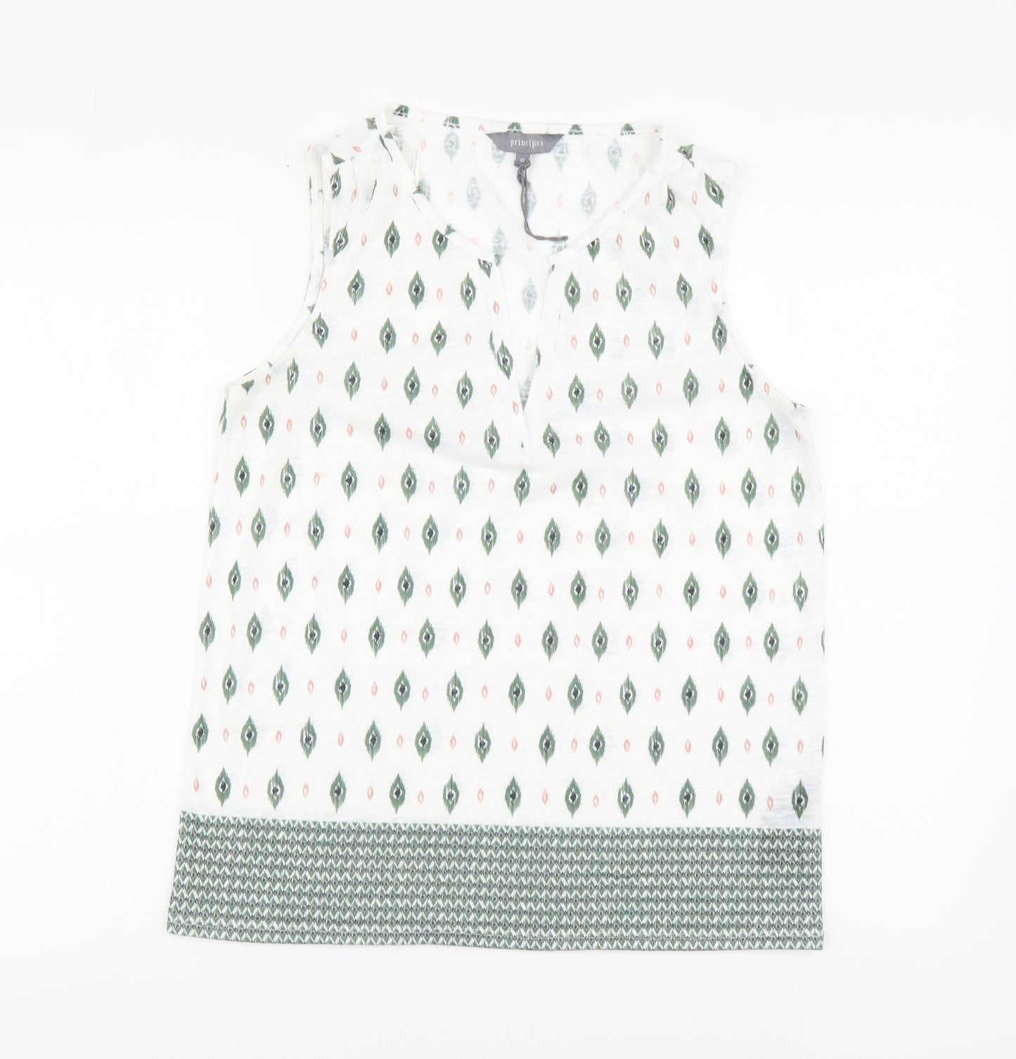 Principles Womens White Geometric Polyester Basic Tank Size 10 V-Neck