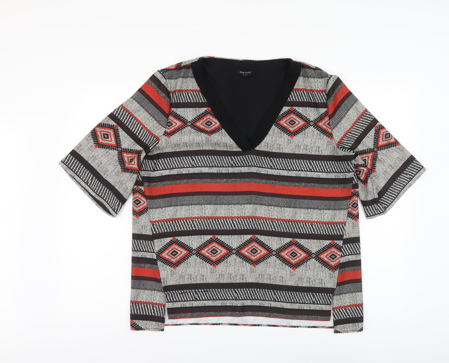 River Island Womens Multicoloured Geometric Polyester Basic Blouse Size 14 V-Neck