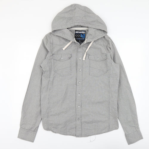 Smith&Jones Mens Grey Check Cotton Button-Up Size L Round Neck Button