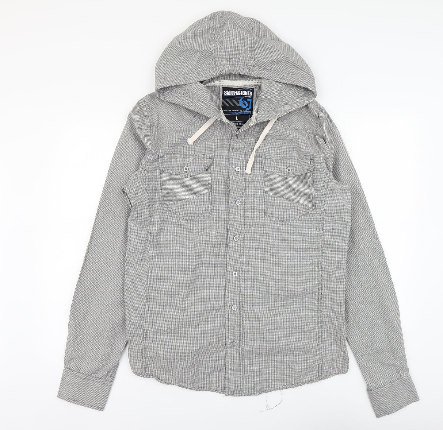 Smith&Jones Mens Grey Check Cotton Button-Up Size L Round Neck Button