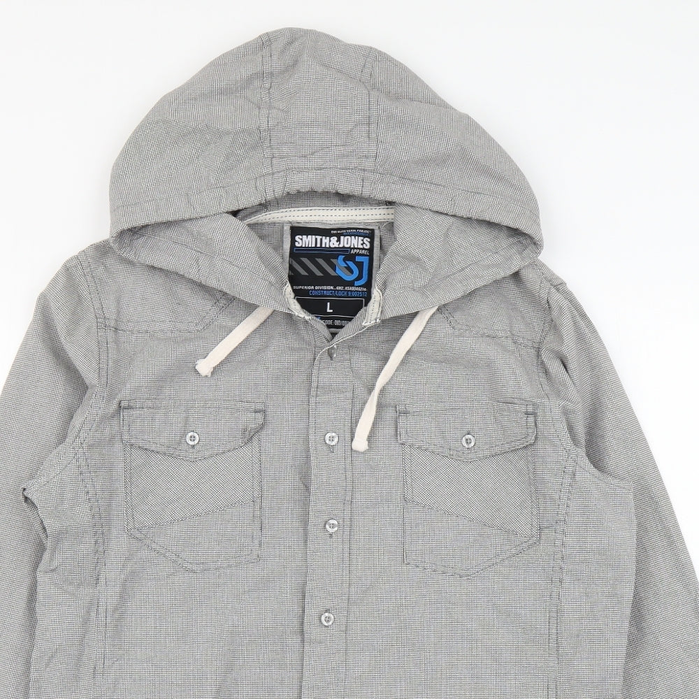 Smith&Jones Mens Grey Check Cotton Button-Up Size L Round Neck Button