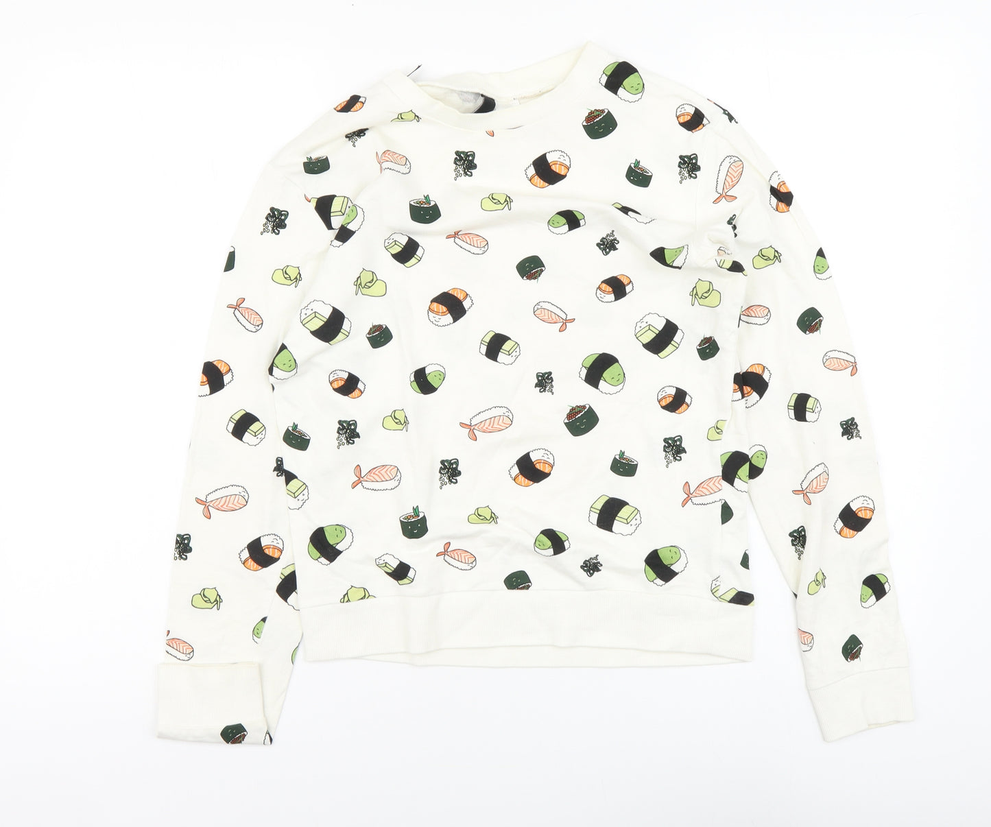 H&M Womens White Geometric Cotton Pullover Sweatshirt Size XS Pullover - Sushi