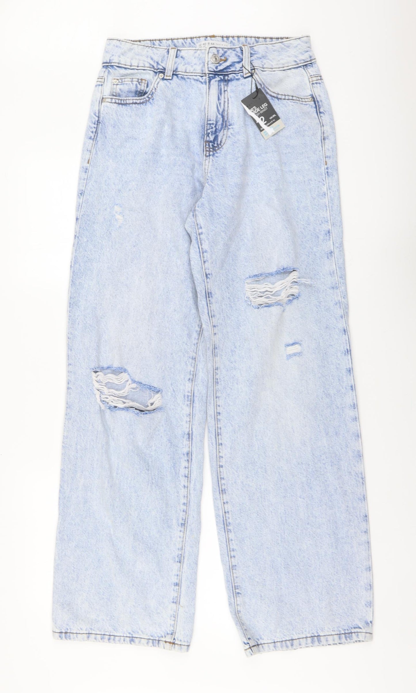 Primark Womens Blue Cotton Wide-Leg Jeans Size 12 L36 in Regular Button