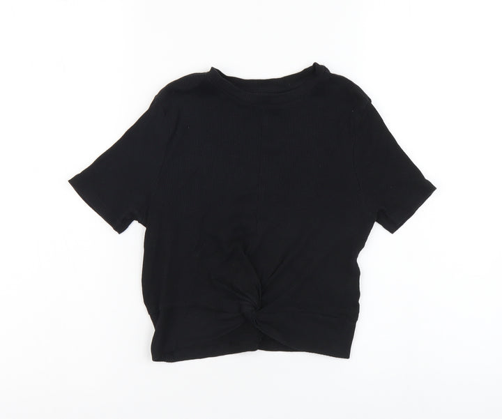 New Look Girls Black Cotton Cropped Tank Size 10-11 Years Round Neck Pullover - Knot Front