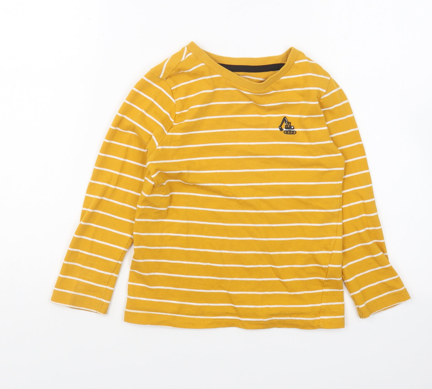 F&F Boys Yellow Striped Cotton Basic T-Shirt Size 6-7 Years Round Neck Pullover - Tractor