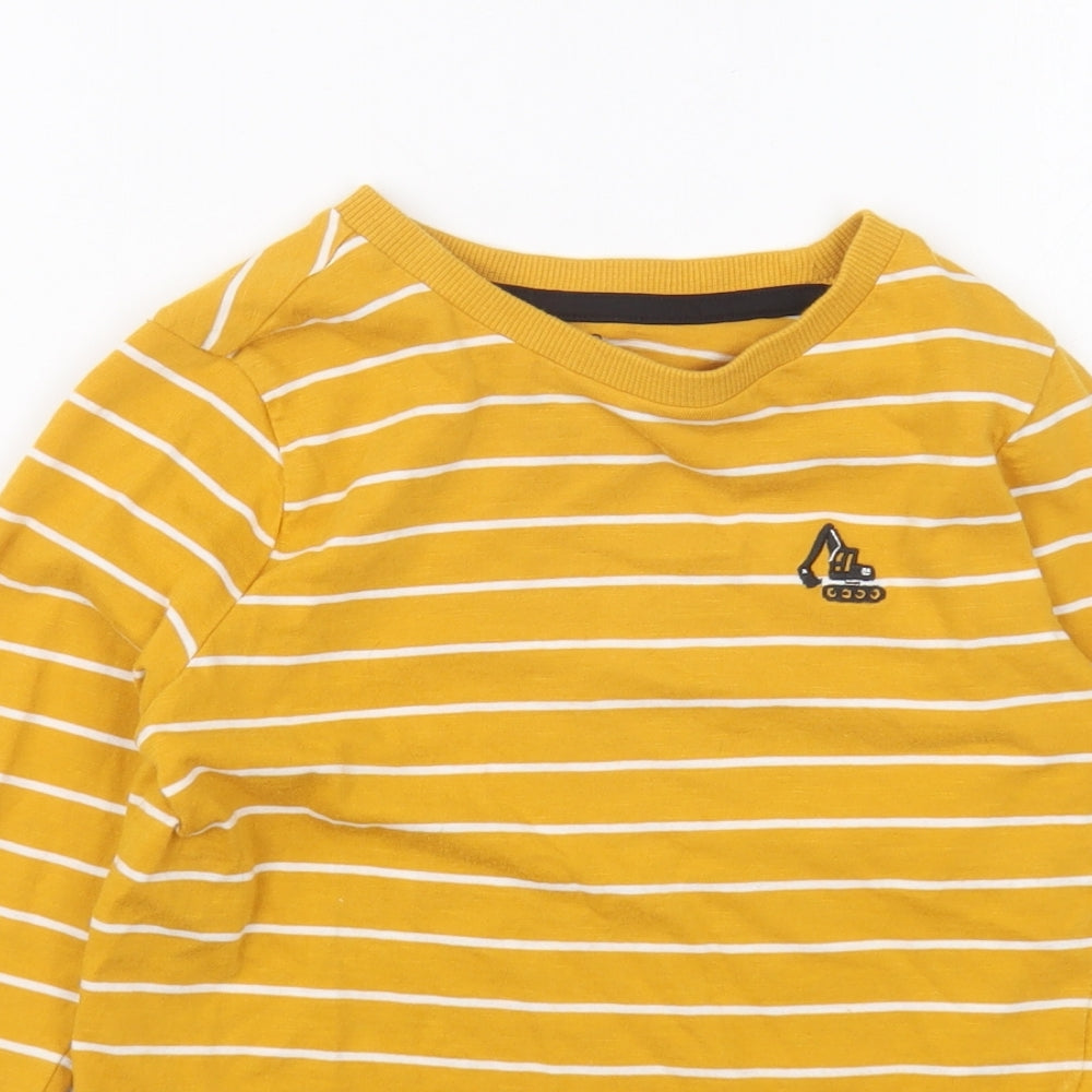 F&F Boys Yellow Striped Cotton Basic T-Shirt Size 6-7 Years Round Neck Pullover - Tractor