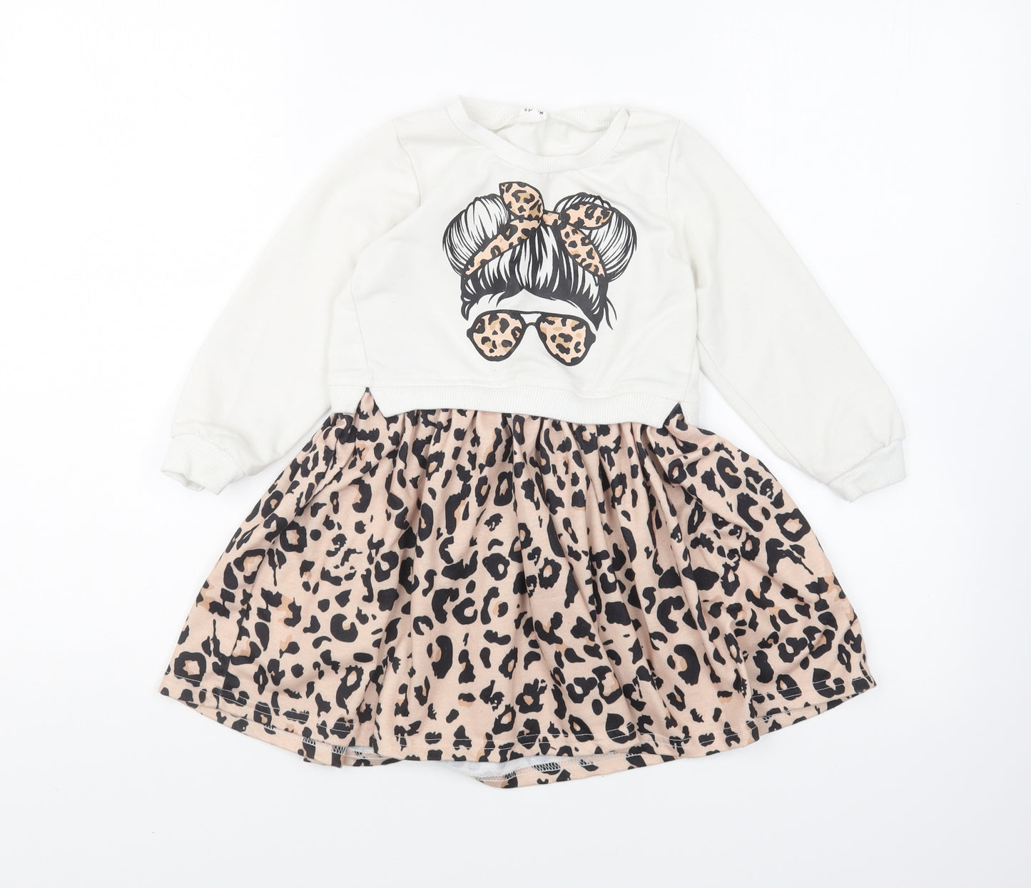 SheIn Girls Ivory Animal Print Polyester Skater Dress Size 4 Years Round Neck Pullover - Leopard Print