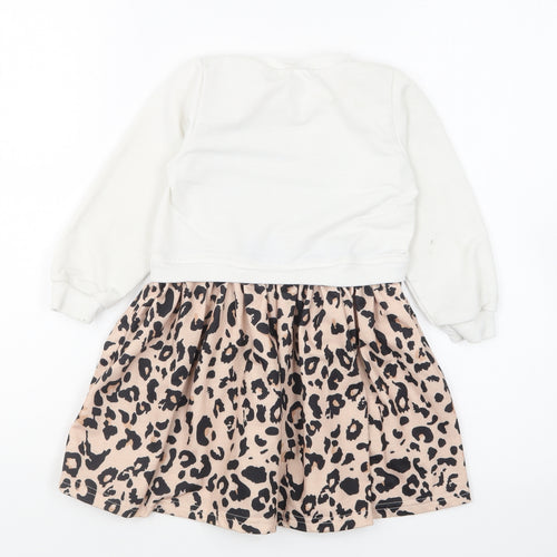 SheIn Girls Ivory Animal Print Polyester Skater Dress Size 4 Years Round Neck Pullover - Leopard Print