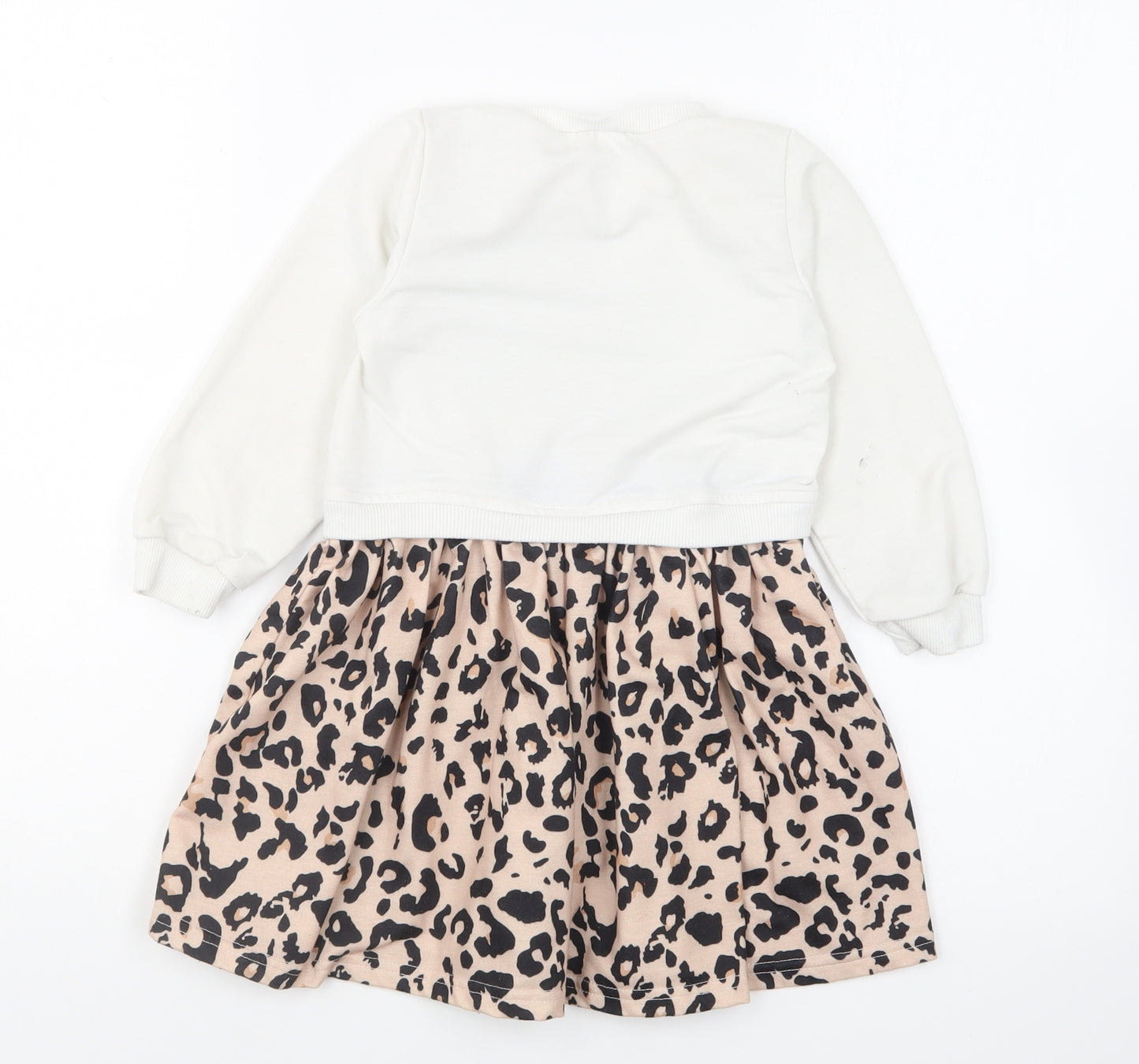 SheIn Girls Ivory Animal Print Polyester Skater Dress Size 4 Years Round Neck Pullover - Leopard Print