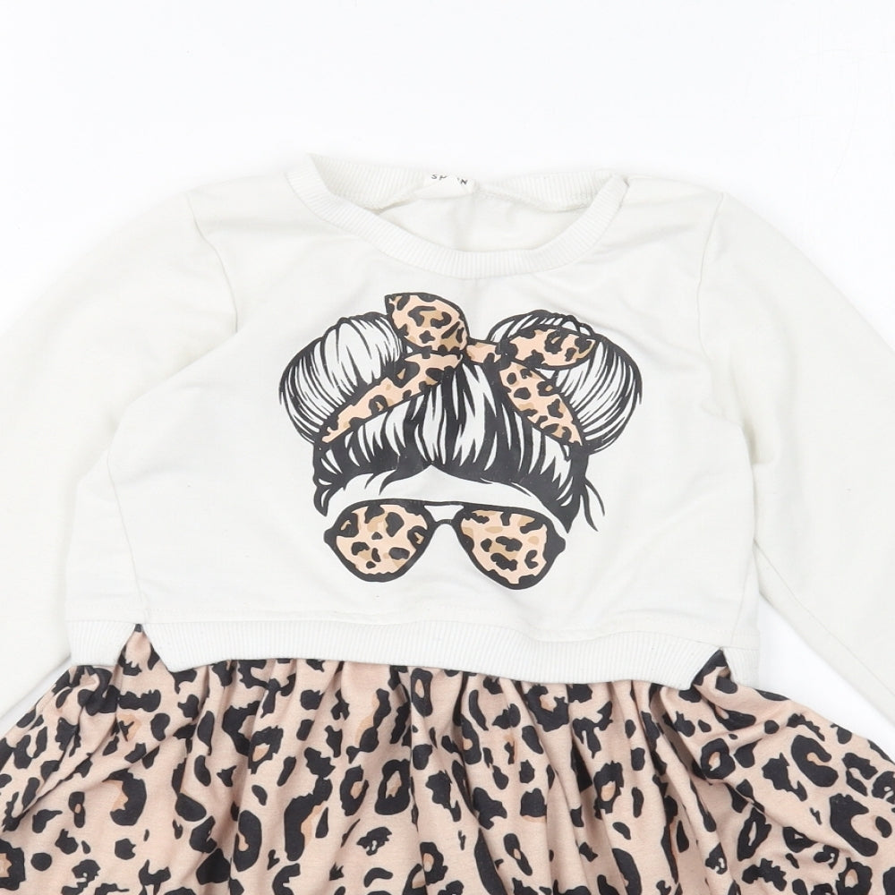 SheIn Girls Ivory Animal Print Polyester Skater Dress Size 4 Years Round Neck Pullover - Leopard Print