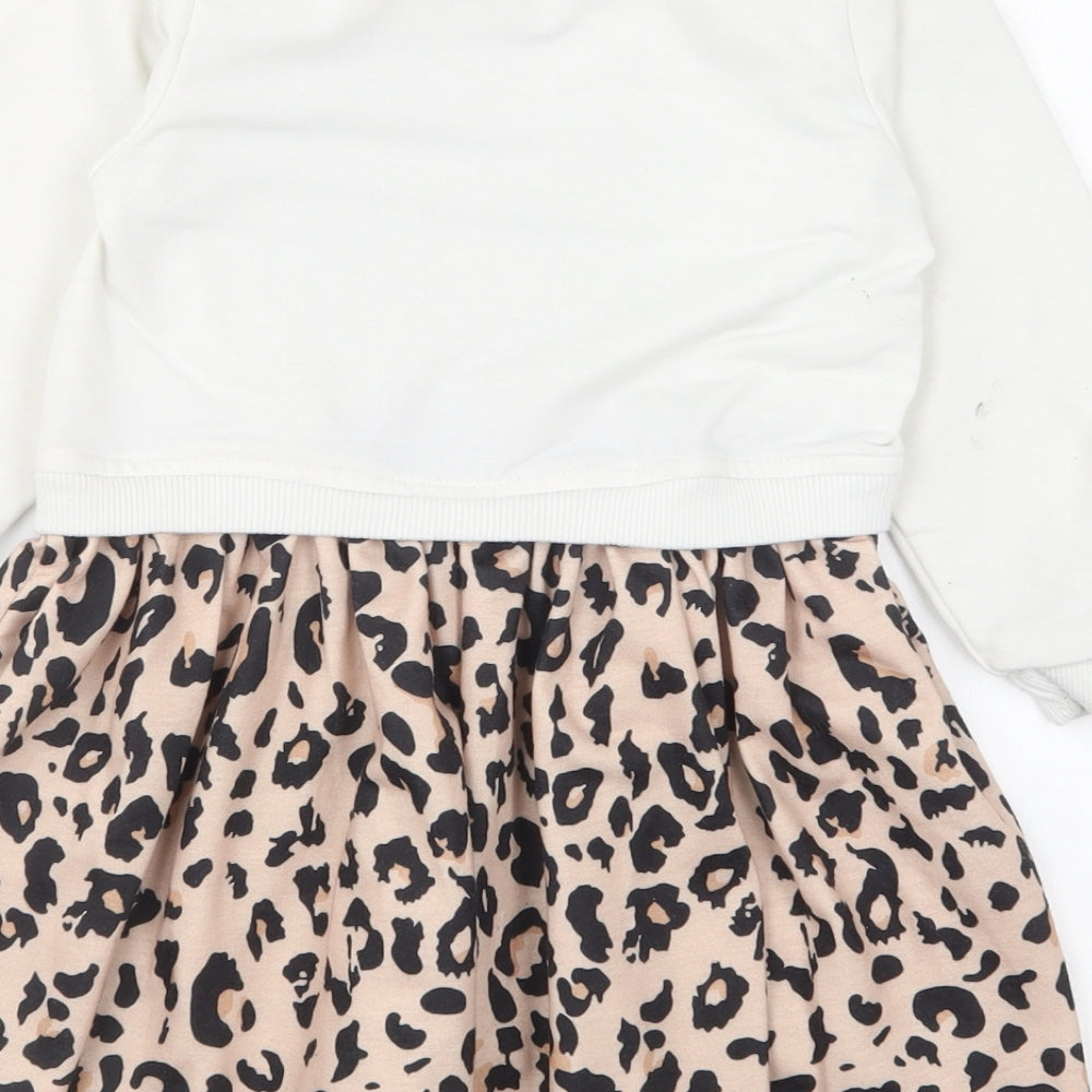 SheIn Girls Ivory Animal Print Polyester Skater Dress Size 4 Years Round Neck Pullover - Leopard Print