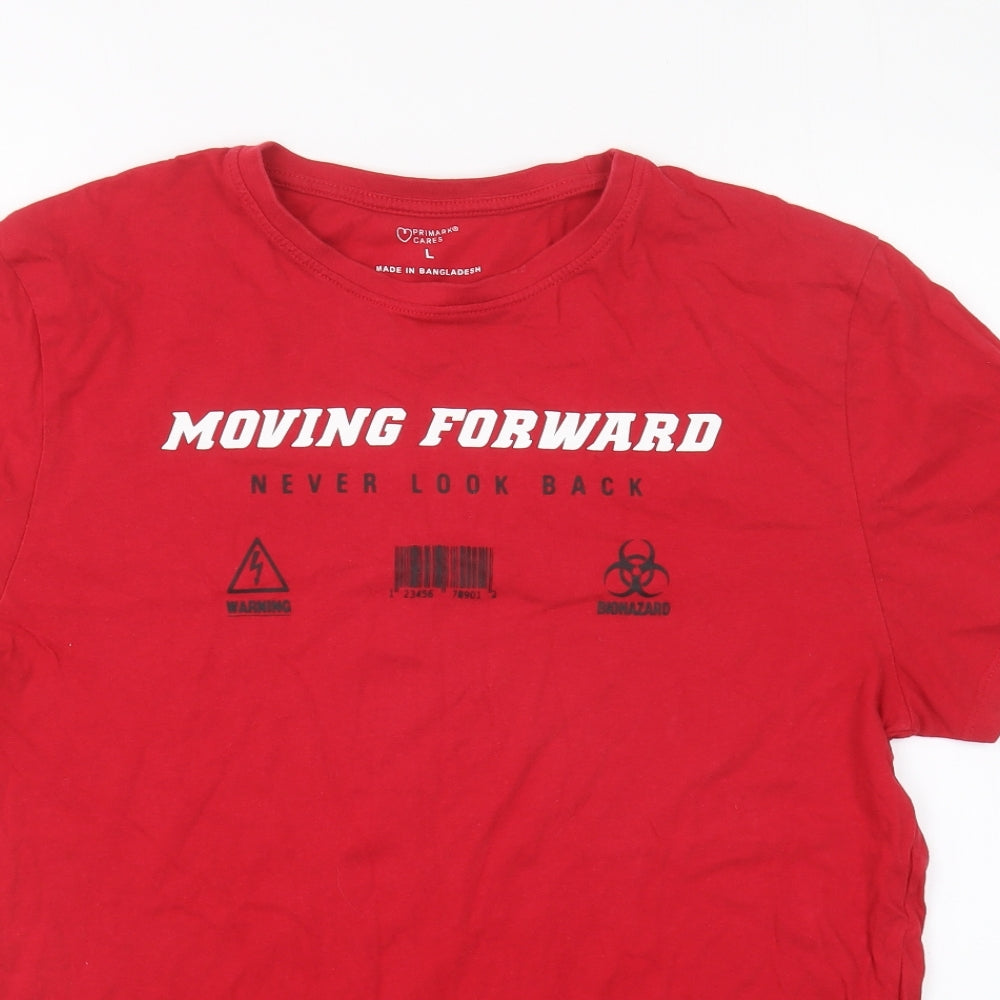 Primark Mens Red Cotton T-Shirt Size L Round Neck - Moving Forward Never Look Back