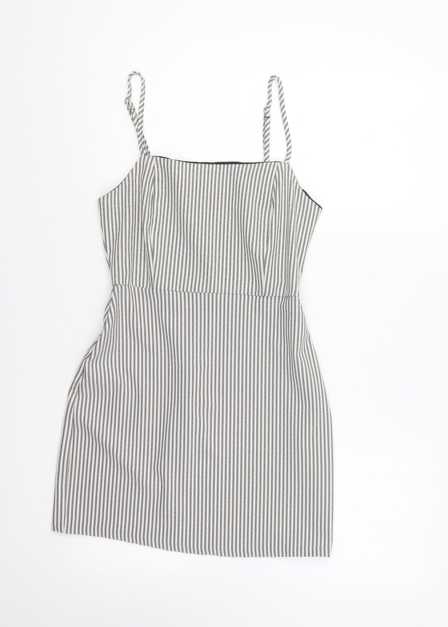 Pull&Bear Womens Grey Striped Polyester A-Line Size S Square Neck Zip