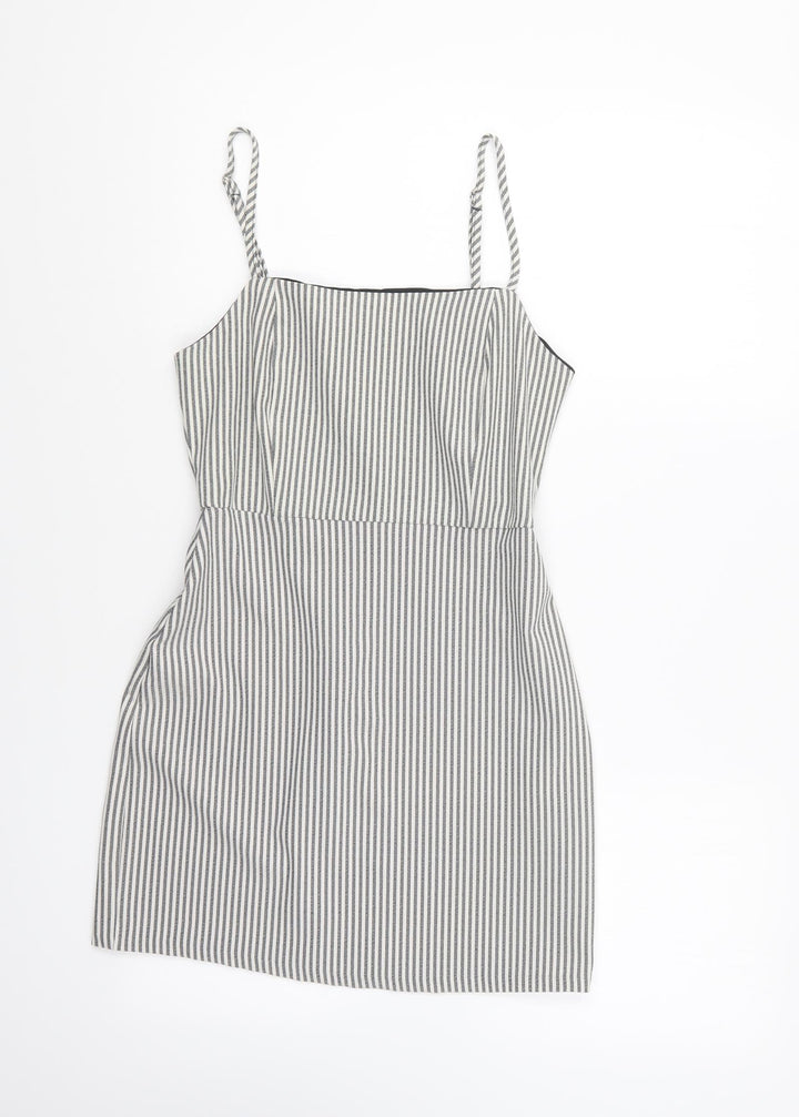 Pull&Bear Womens Grey Striped Polyester A-Line Size S Square Neck Zip