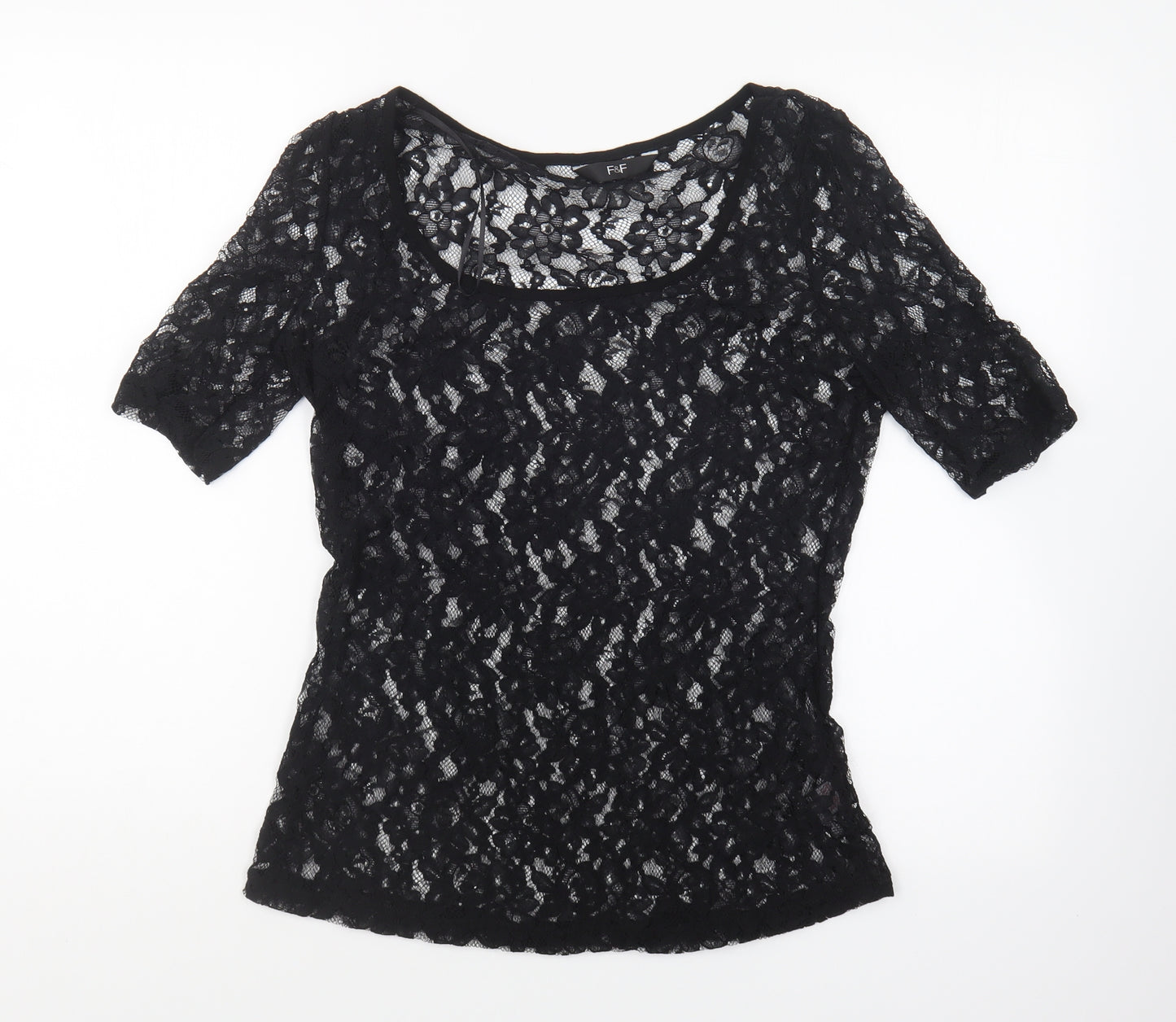 F&F Womens Black Nylon Basic Blouse Size 10 Scoop Neck