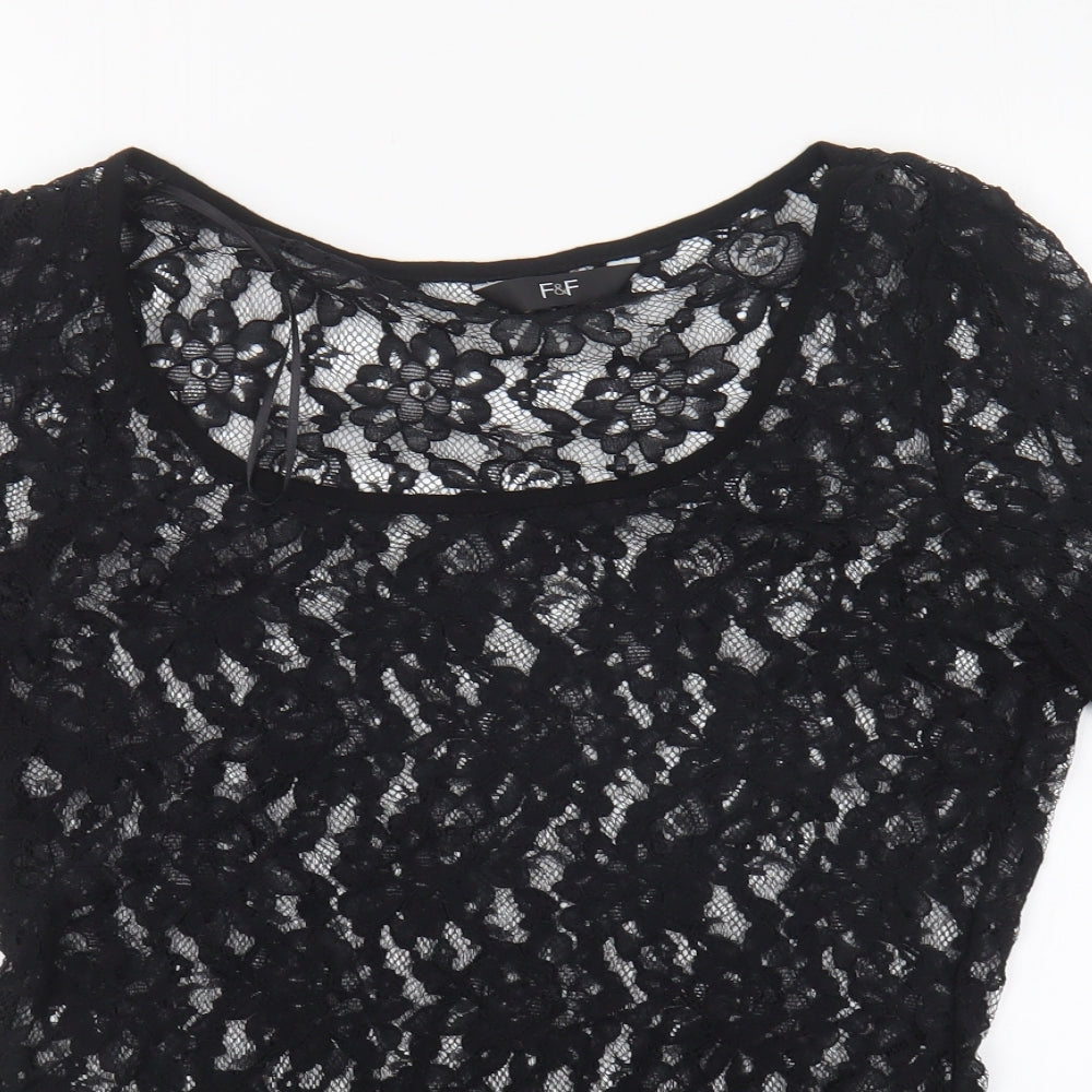 F&F Womens Black Nylon Basic Blouse Size 10 Scoop Neck