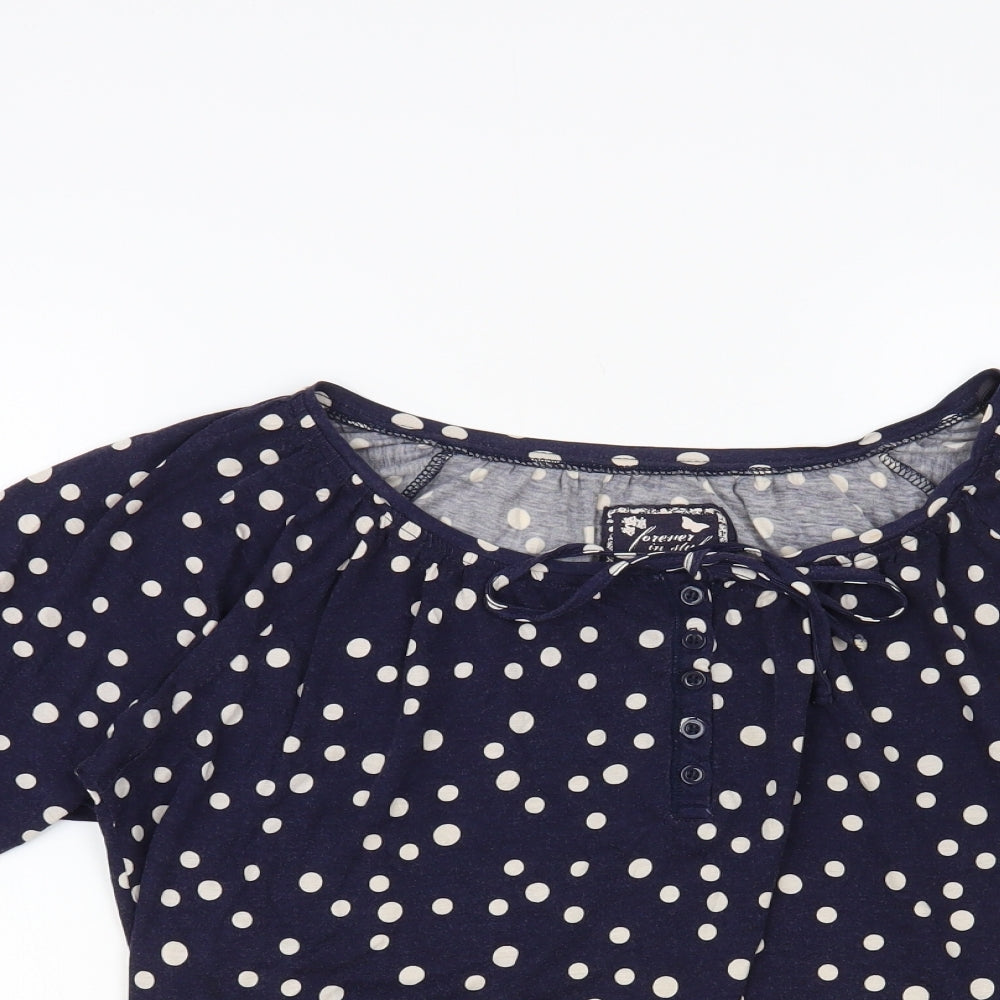 Dunnes Stores Womens Blue Polka Dot Cotton Basic T-Shirt Size 14 Boat Neck