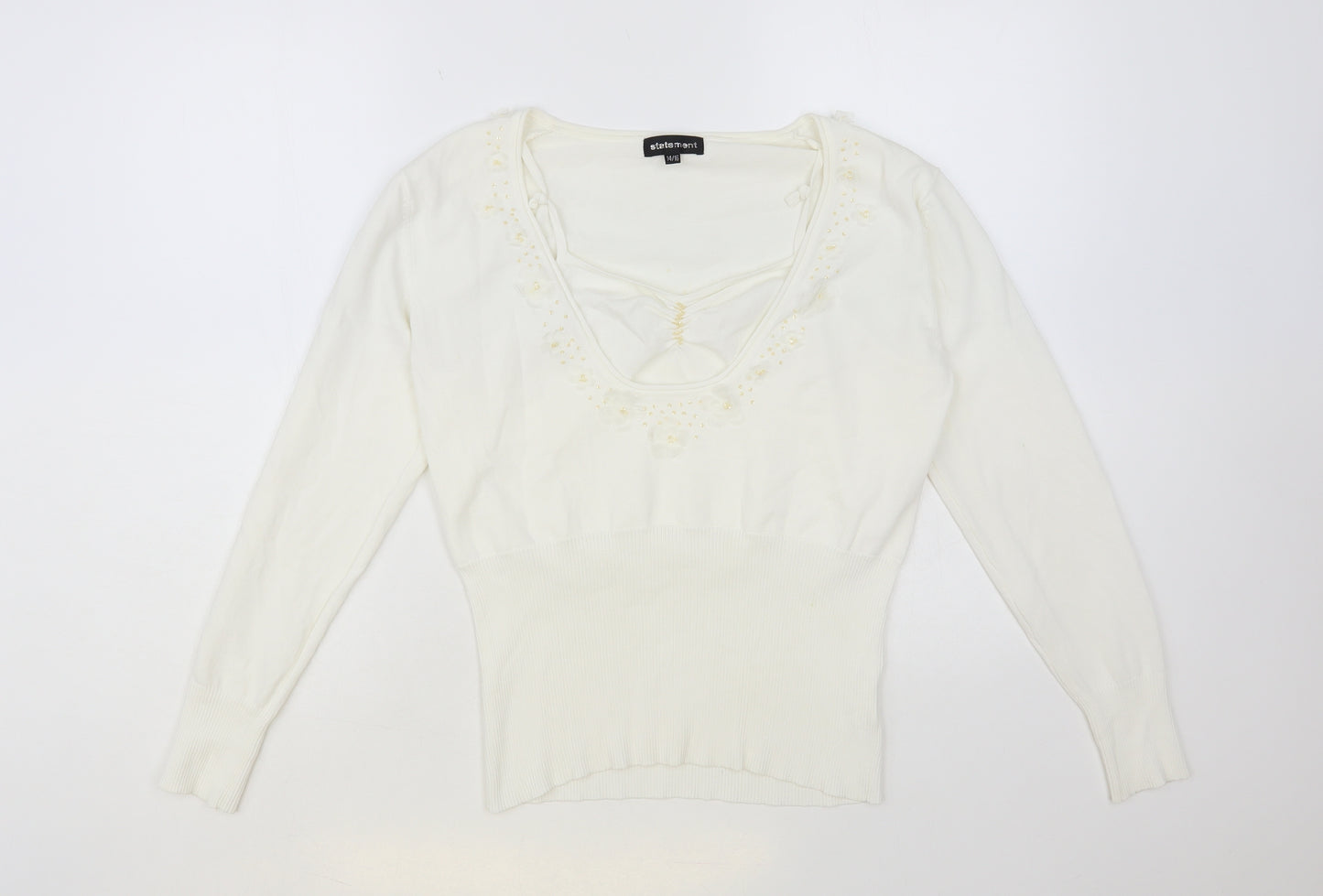 Statement Womens White Scoop Neck Viscose Pullover Jumper Size 14 - 3D Flowers
