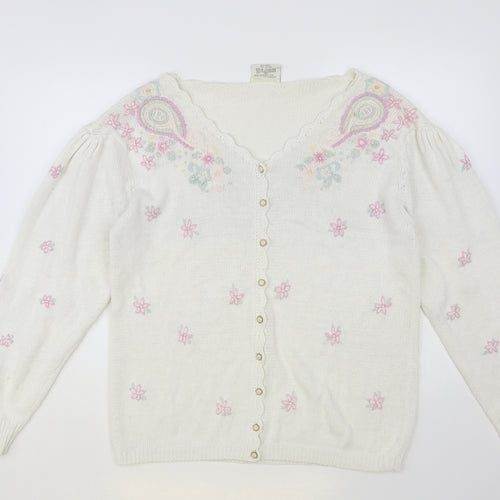 Paramour Womens White V-Neck Floral Ramie Cardigan Jumper One Size