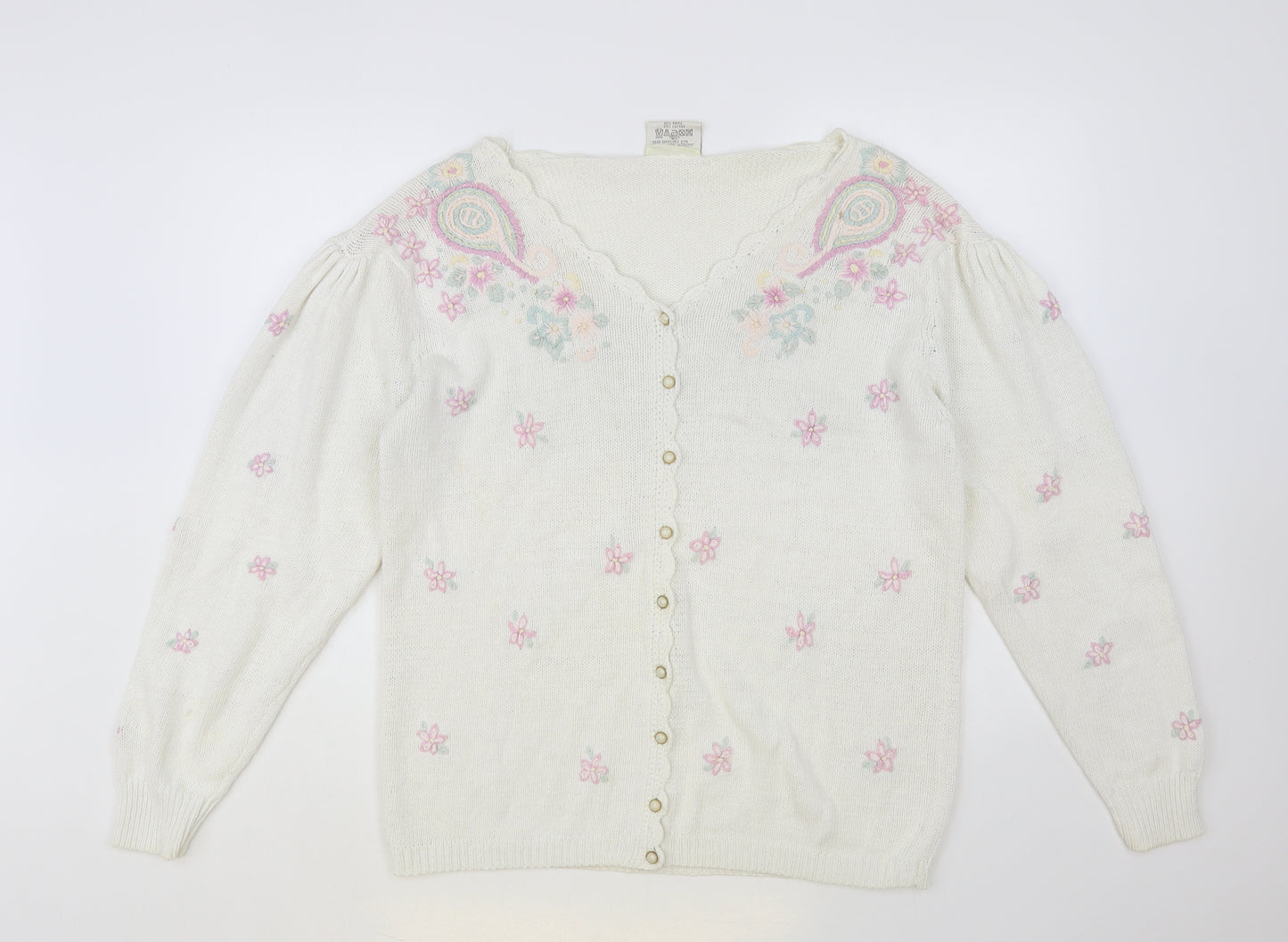 Paramour Womens White V-Neck Floral Ramie Cardigan Jumper One Size