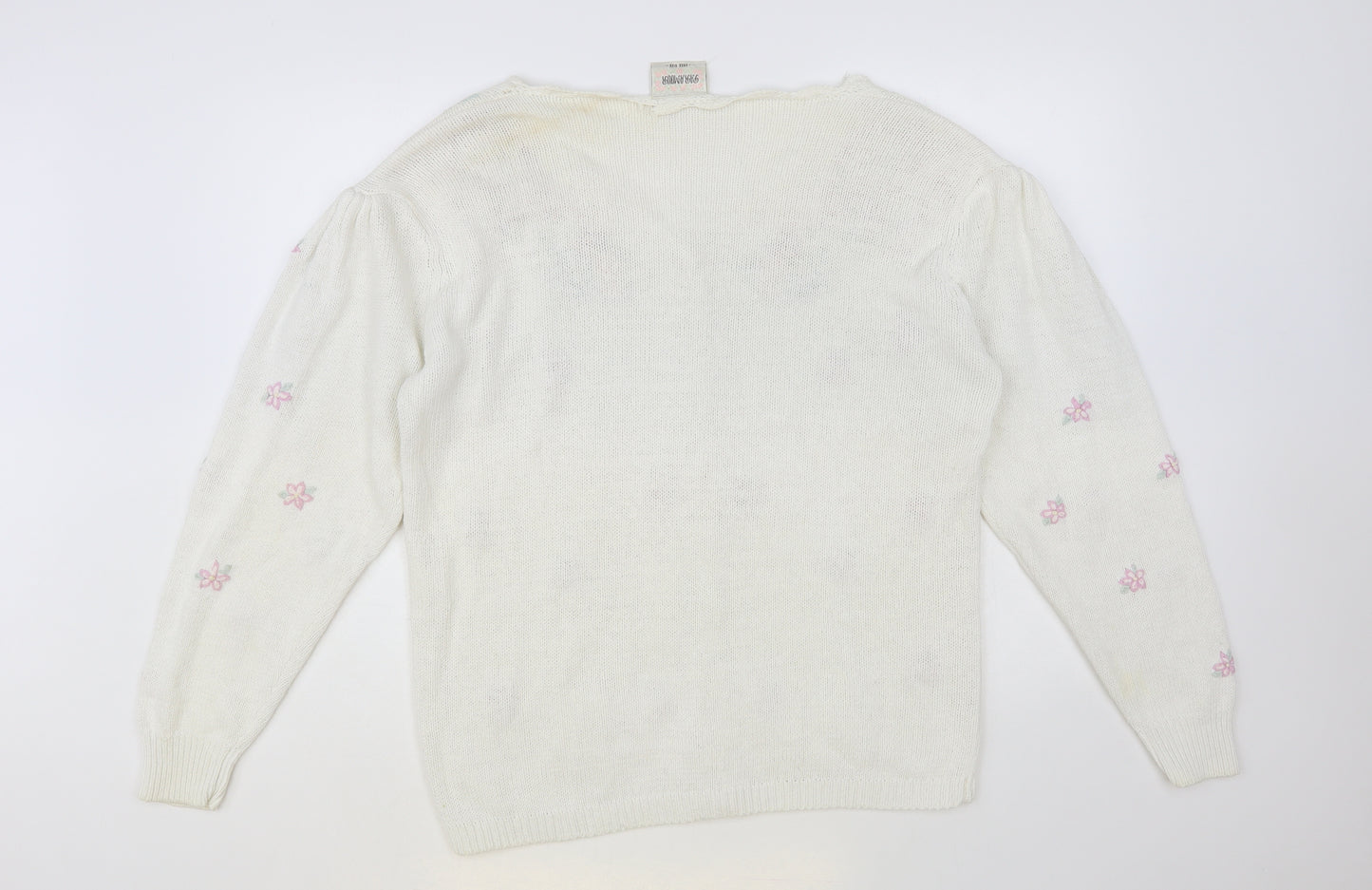 Paramour Womens White V-Neck Floral Ramie Cardigan Jumper One Size