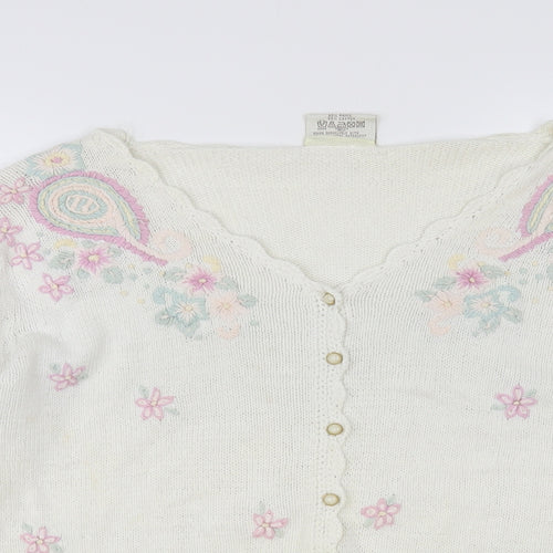 Paramour Womens White V-Neck Floral Ramie Cardigan Jumper One Size