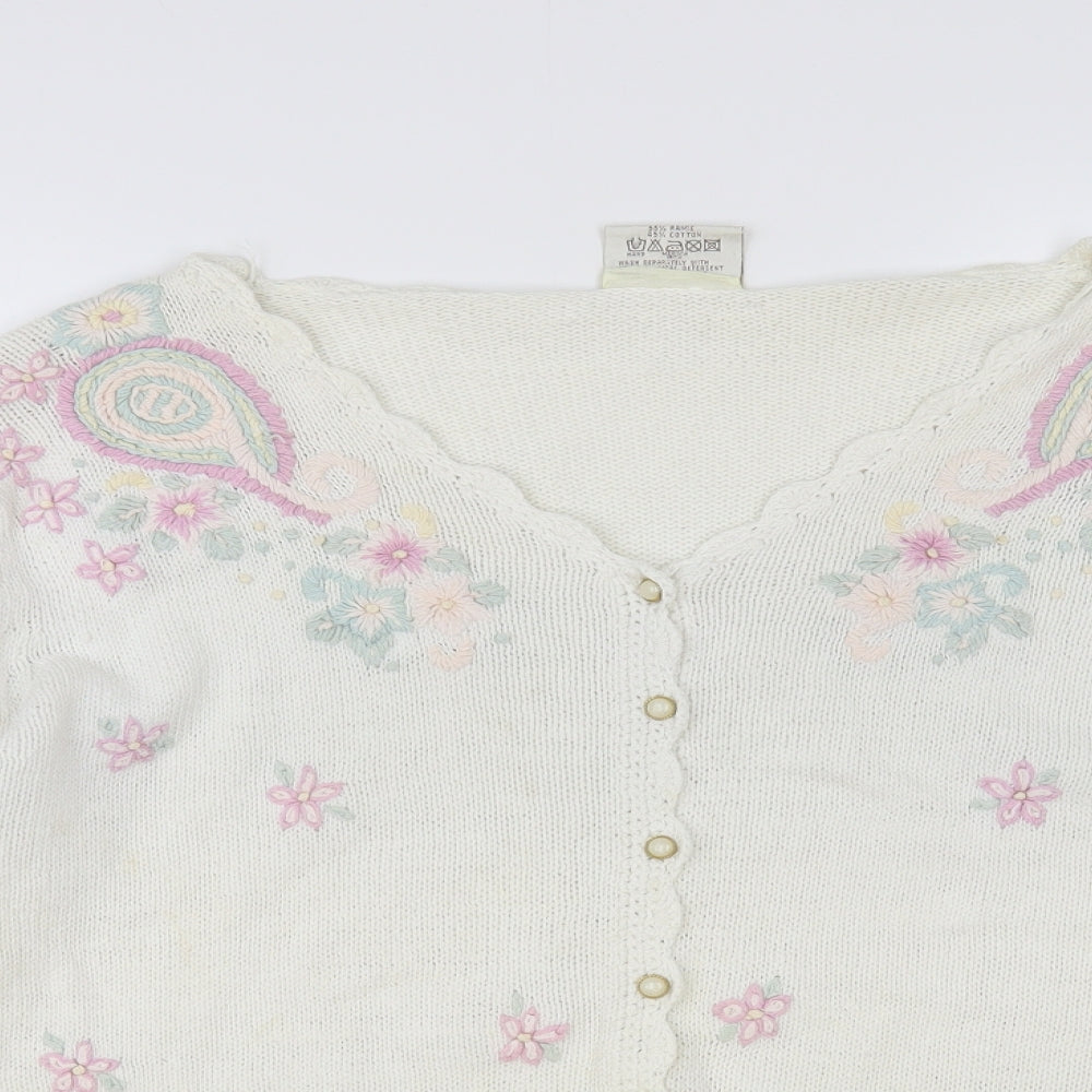 Paramour Womens White V-Neck Floral Ramie Cardigan Jumper One Size