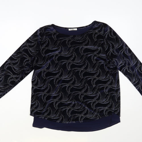 Gerard Womens Blue Geometric Polyester Basic Blouse Size 14 Boat Neck
