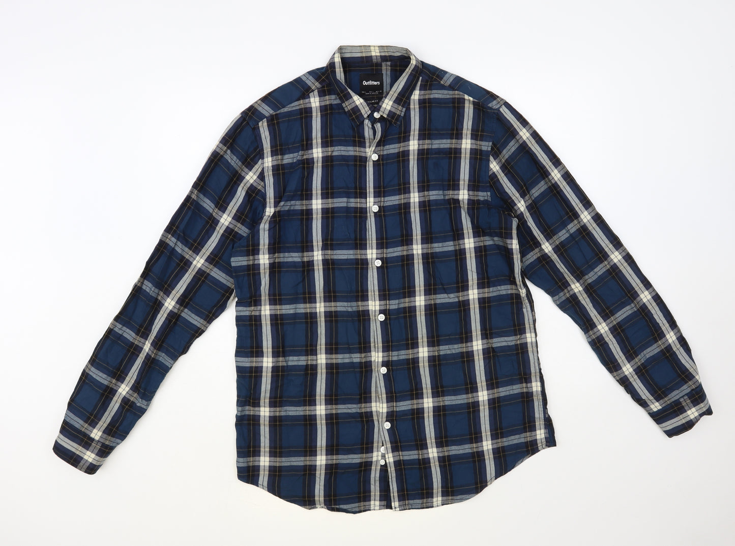 Outfitters Mens Blue Plaid Cotton Button-Up Size L Collared Button